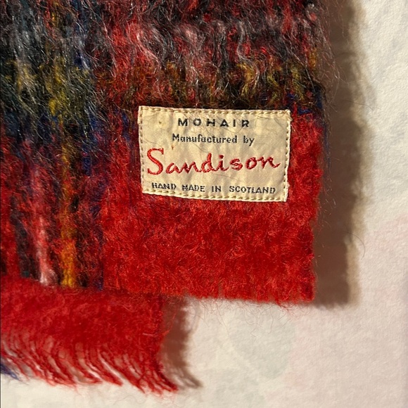 Sandison vintage Mohair and Wool shawl, scarf, hand made Scotland, red plaid - Picture 2 of 5